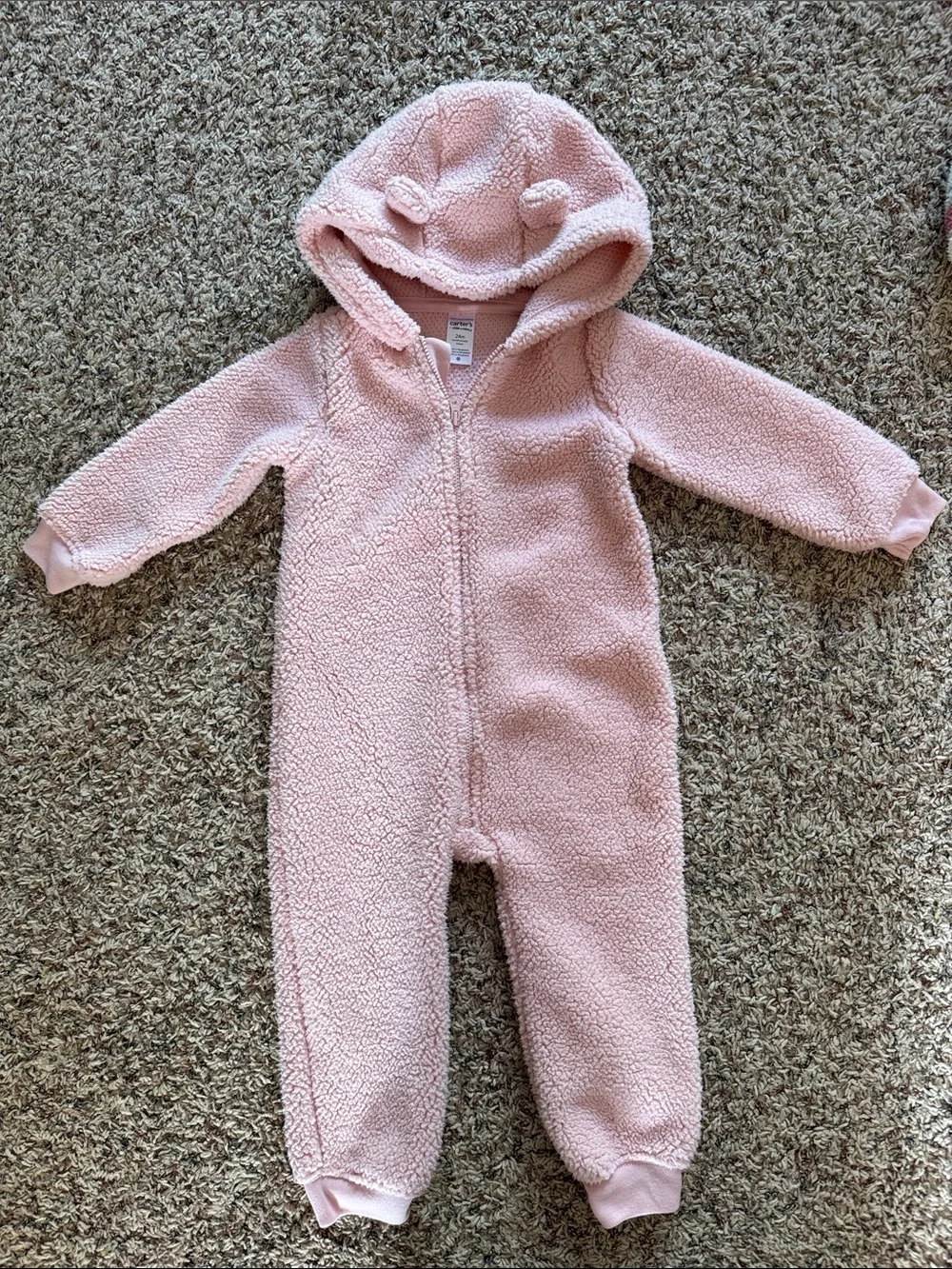 Carter's Plush Hooded One-Piece Rompers in Pink and Cream Cherry Print